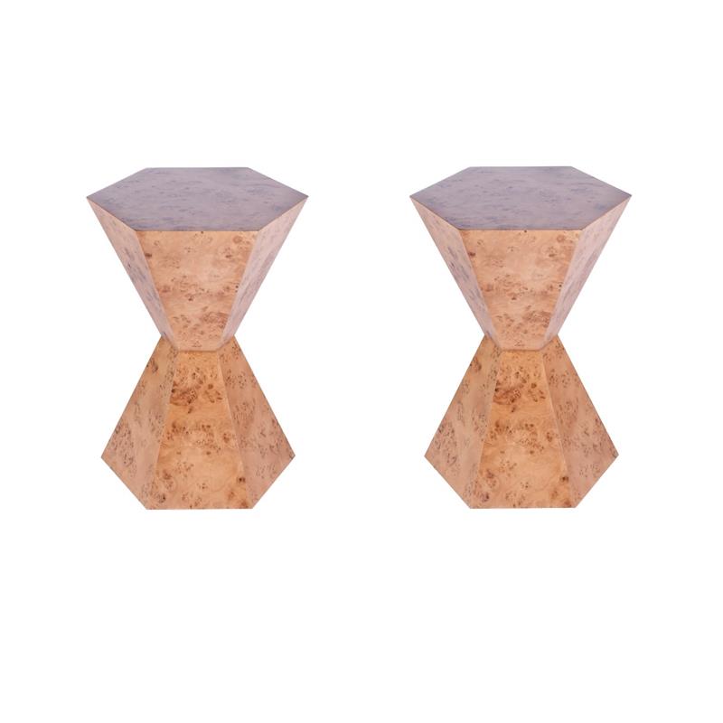 Pemberly Row Set of 2 Modern Wood Hexagon Side Tables in Traditional Burl