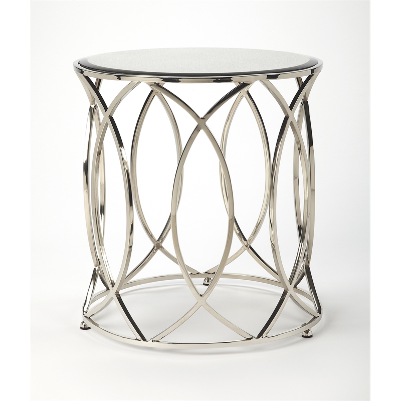 Pemberly Row Set of 2 Contemporary Mirror And Nickel End Tables In White