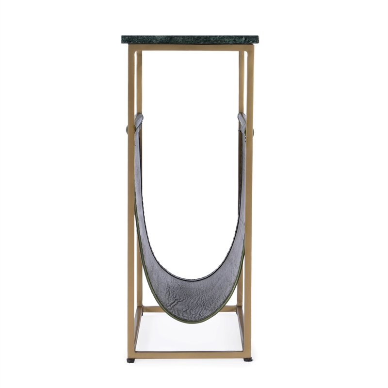 Pemberly Row Set of 2 Marble & Leather Magazine Side Tables in Green