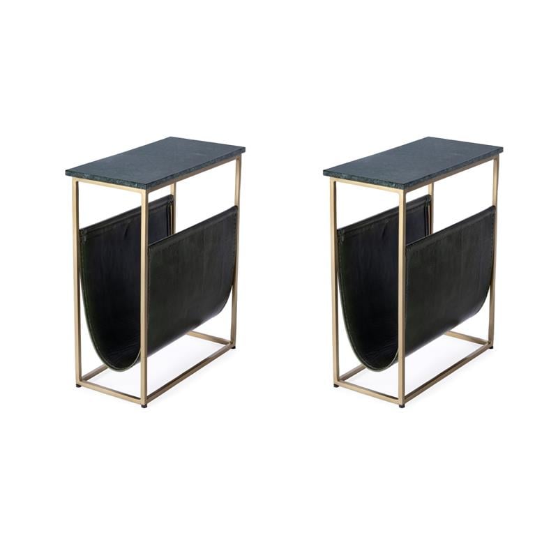 Pemberly Row Set of 2 Marble & Leather Magazine Side Tables in Green