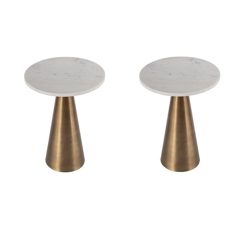 Pemberly Row Set of 2 Round Marble and Metal Side Tables in Antique Gold
