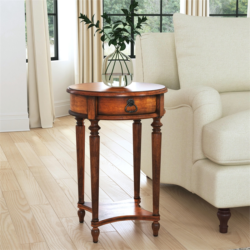 Pemberly Row Set of 2 1-Drawer Antique Cherry Round Accent Tables