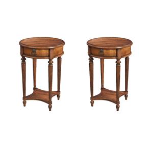 Pemberly Row Set of 2 1-Drawer Antique Cherry Round Accent Tables