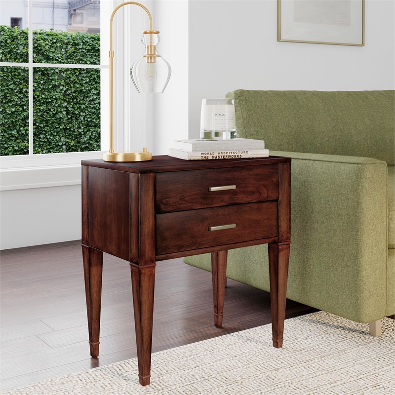 Pemberly Row Set of 2 Contemporary 2-Drawer End Tables in Antique Cherry