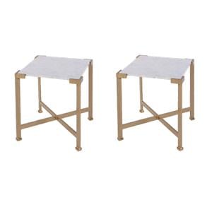 Pemberly Row Set of 2 18&quotW Square Iron in Marble Side Tables in White & Gold