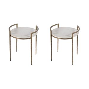 Pemberly Row Set of 2 19&quot Round Marble and Iron Side Tables in Ivory