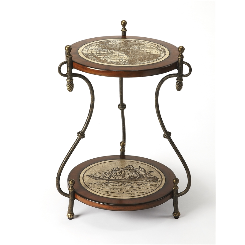 Pemberly Row Set of 2 Contemporary Round Fossil Stone Map Accent Tables
