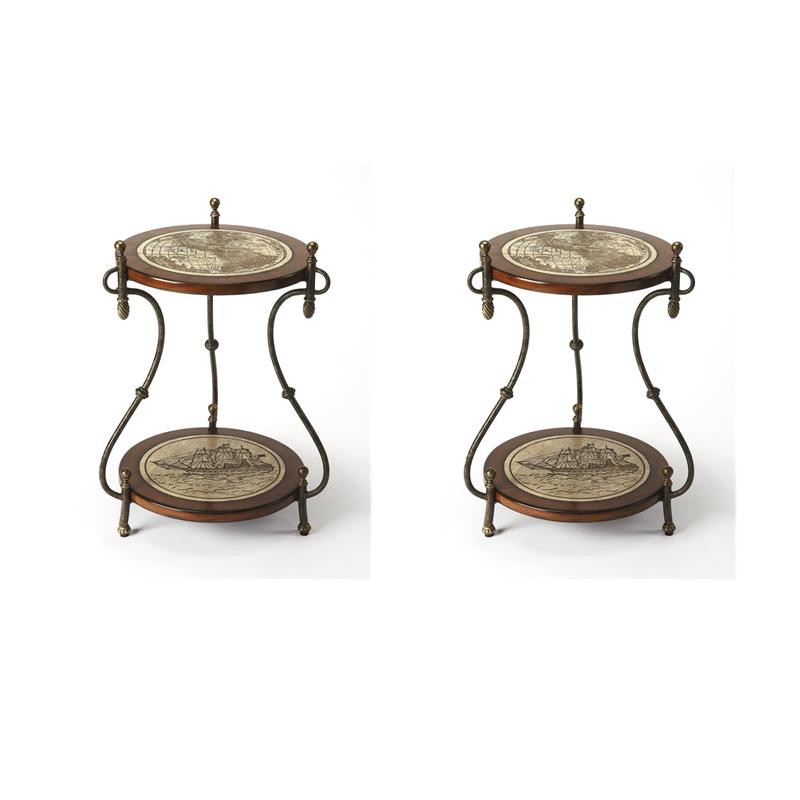Pemberly Row Set of 2 Contemporary Round Fossil Stone Map Accent Tables