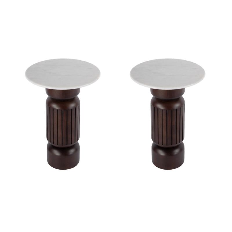 Pemberly Row Set of 2 Marble and Wood Side Tables in White/Light Beige