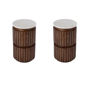 Pemberly Row Set of 2 Marble and Wood Side Tables in White/Light Beige