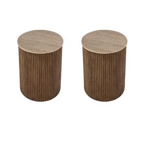 Pemberly Row Set of 2 15&quot Round Travertine and Fluted Wood Side Tables