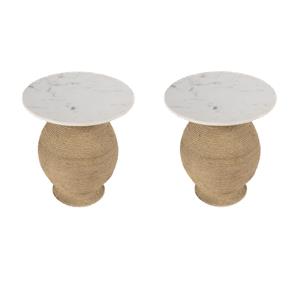 Pemberly Row Set of 2 19&quot Round Marble and Rope End Tables in Ivory