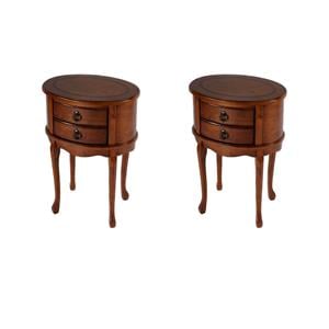 Pemberly Row Set of 2 18&quotW Oval Wood 2-Drawer Side Tables in Olive Ash