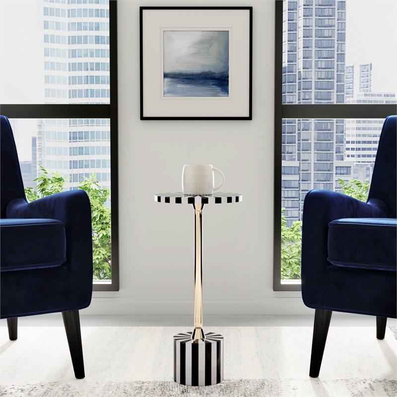 Pemberly Row Set of 2 Brass And Bone Inlay Round Side Tables in Black White