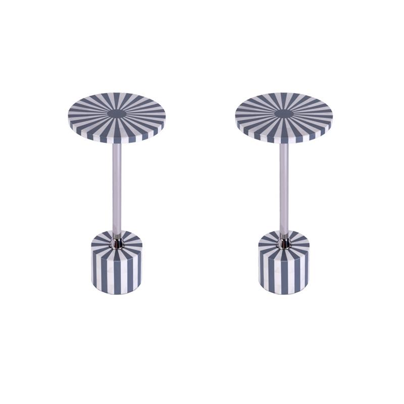 Pemberly Row Set of 2 Stainless Steel & Bone Inlay Round Side Tables in Gray