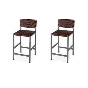 Pemberly Row Set of 2 Iron And Leather 24.5&quot Counter Stools in Brown