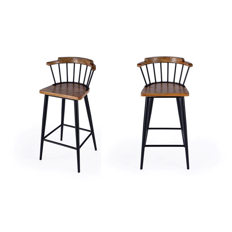 Pemberly Row Set of 2 Wood And Iron Spindle Bar Stools in Natural