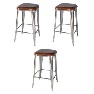 Pemberly Row Set of 3 30.75&quotH Leather Bar Stools in Brown-Silver