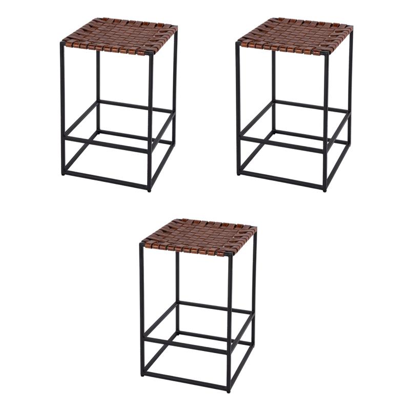 Pemberly Row Set of 3 24 in Seat Height Leather Counter Stools in Brown
