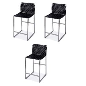 Pemberly Row Set of 3 25&quot Woven Leather Counter Stools In Black