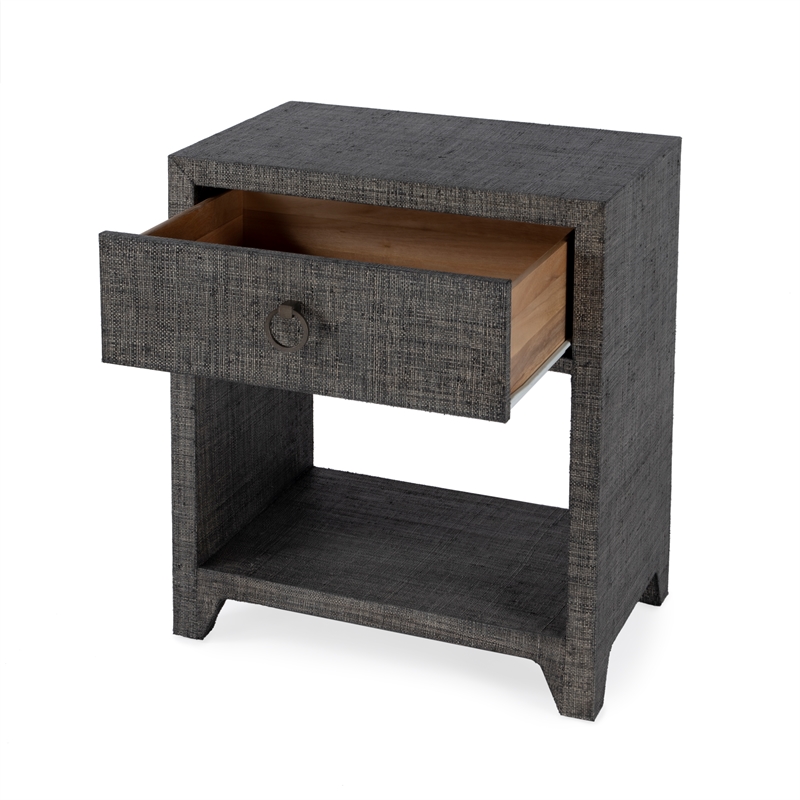 Pemberly Row Set of 2 Raffia 1-Drawer Nightstands in Charcoal