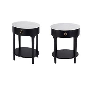 Pemberly Row Set of 2 18.25&quotW Oval Marble Top Nightstands in Black