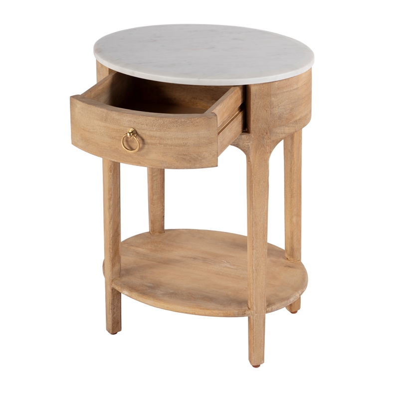 Pemberly Row Set of 2 Marble and Wood 1-Drawer Nightstands in Natural