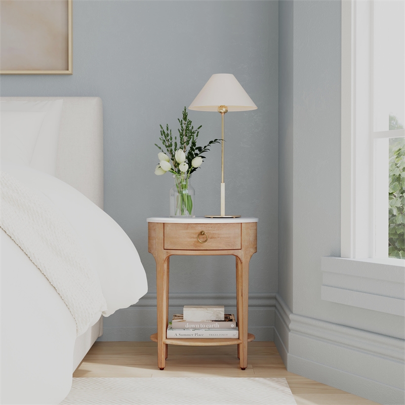 Pemberly Row Set of 2 Marble and Wood 1-Drawer Nightstands in Natural