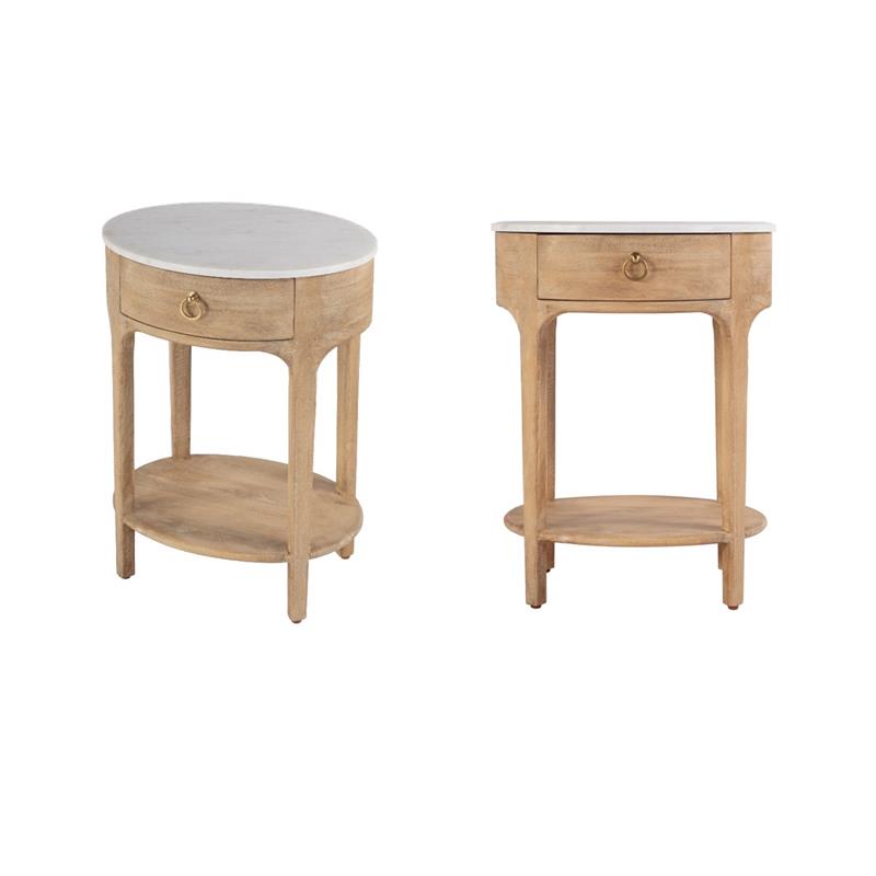 Pemberly Row Set of 2 Marble and Wood 1-Drawer Nightstands in Natural