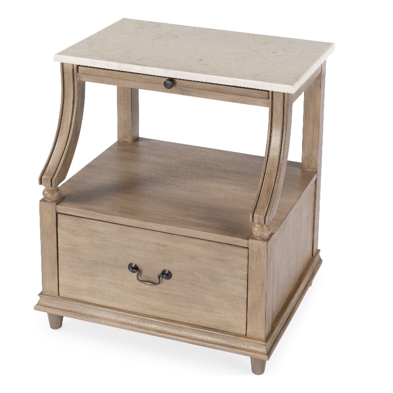 Pemberly Row Set of 2 Marble And Wood 1-Drawer Nightstands in Tan/Beige