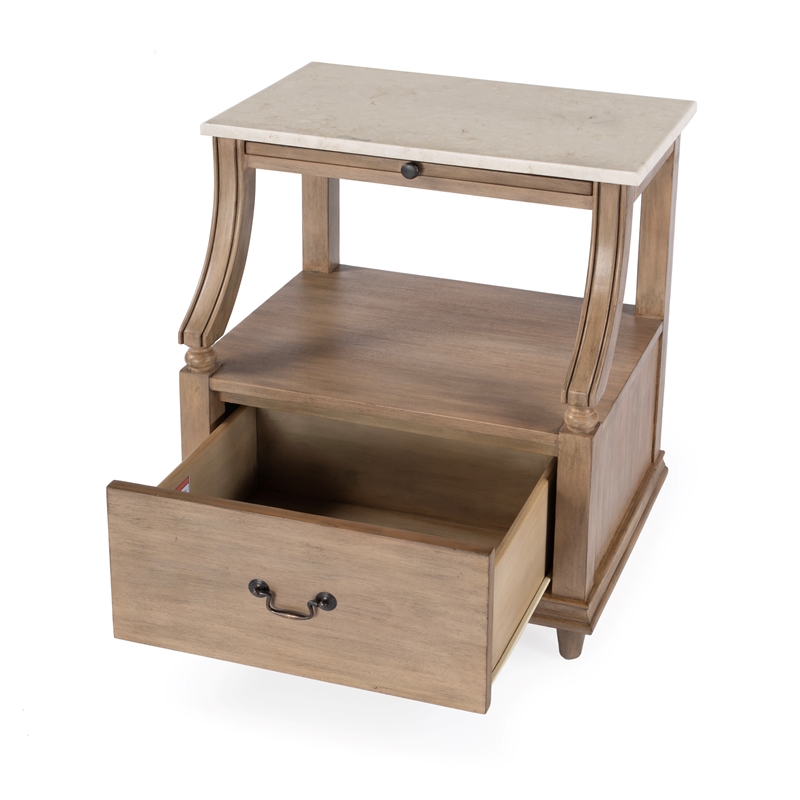 Pemberly Row Set of 2 Marble And Wood 1-Drawer Nightstands in Tan/Beige