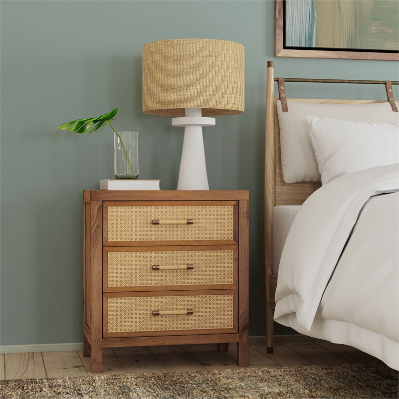Pemberly Row Set of 2 Cane And Solid Wood 3-Drawer Nightstands in Natural
