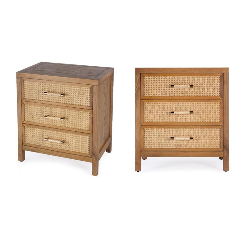 Pemberly Row Set of 2 Cane And Solid Wood 3-Drawer Nightstands in Natural