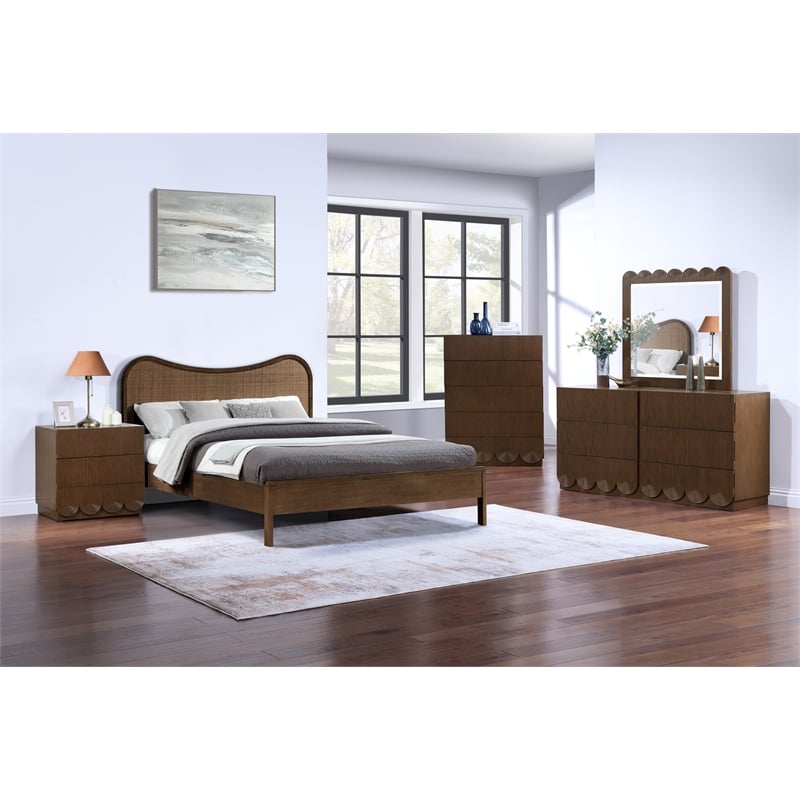 Pemberly Row Set of 5 Brown Velvet King Bed & Nighstands & Dresser & Mirror