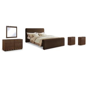 Pemberly Row Set of 5 Brown Velvet King Bed & Nighstands & Dresser & Mirror