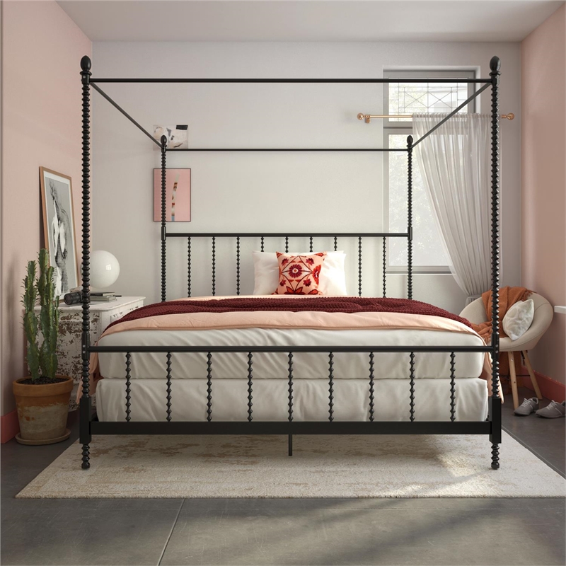 Pemberly Row Set of 5 Canopy Bed in King Size & Nightstands & Chest & Mirror