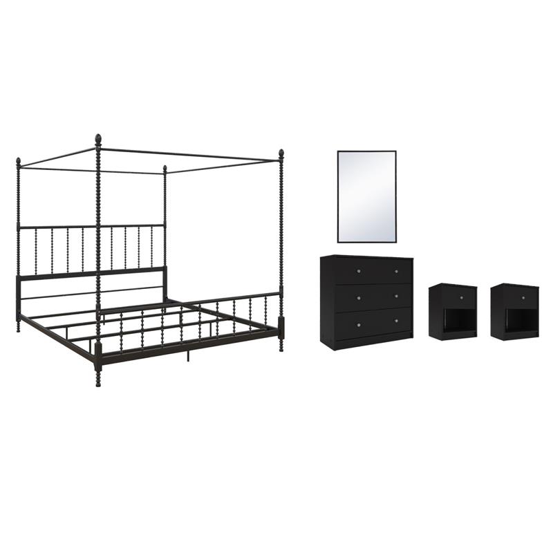 Pemberly Row Set of 5 Canopy Bed in King Size & Nightstands & Chest & Mirror