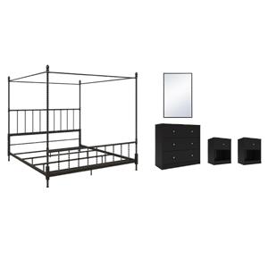 Pemberly Row Set of 5 Canopy Bed in King Size & Nightstands & Chest & Mirror