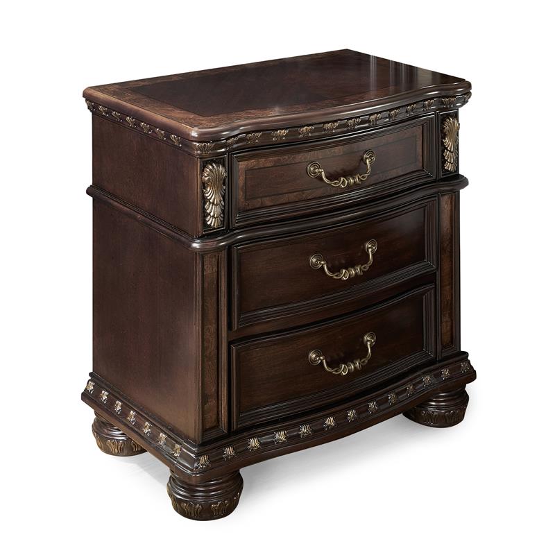 Pemberly Row Set of 4 Chocolate King Bed & Nightstands & Dresser with Mirror