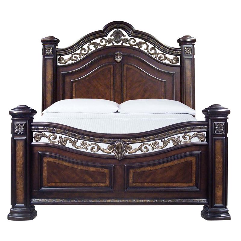 Pemberly Row Set of 4 Chocolate King Bed & Nightstands & Dresser with Mirror