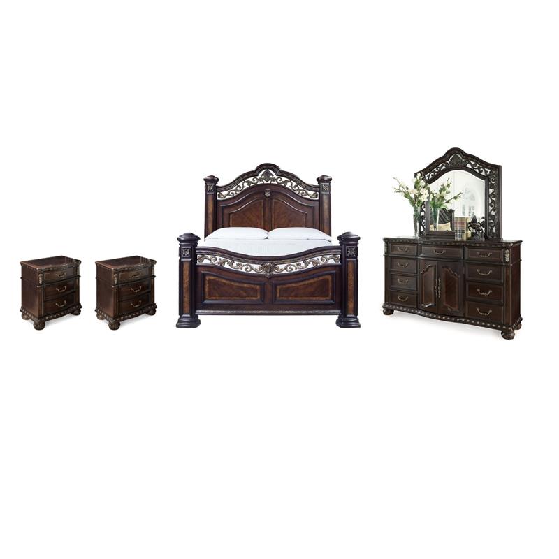 Pemberly Row Set of 4 Chocolate King Bed & Nightstands & Dresser with Mirror