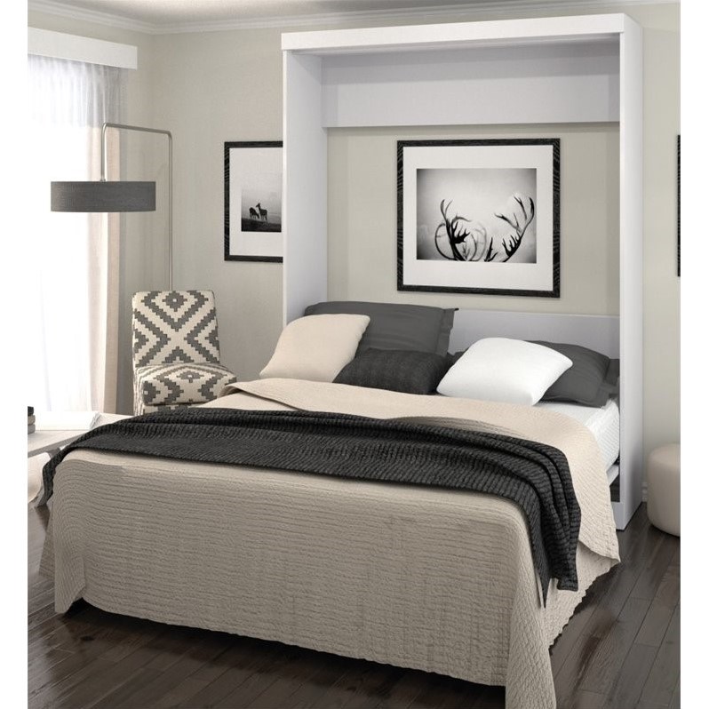 Pemberly Row Set of 3 White Queen Wall Bed & White & Walnut Gray Shelving Units