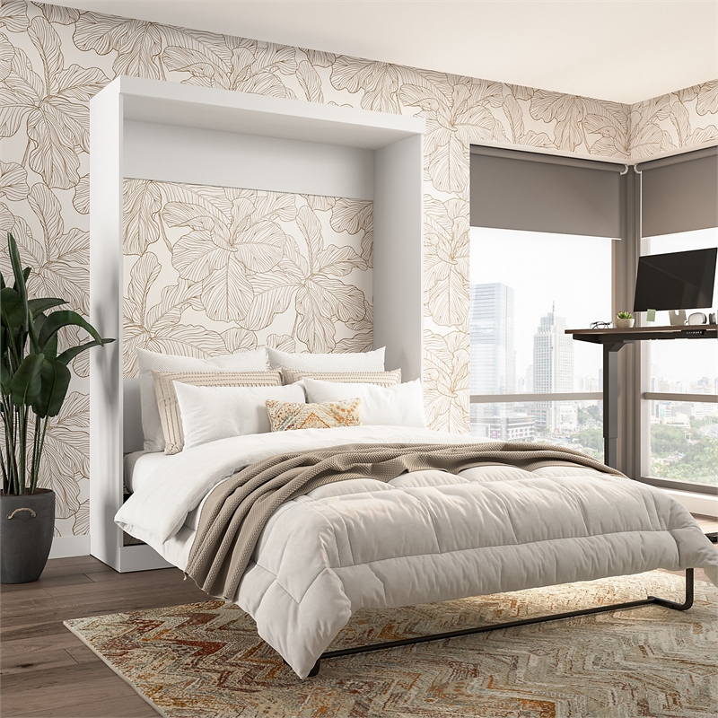 Pemberly Row Set of 3 White Queen Wall Bed & White & Walnut Gray Shelving Units