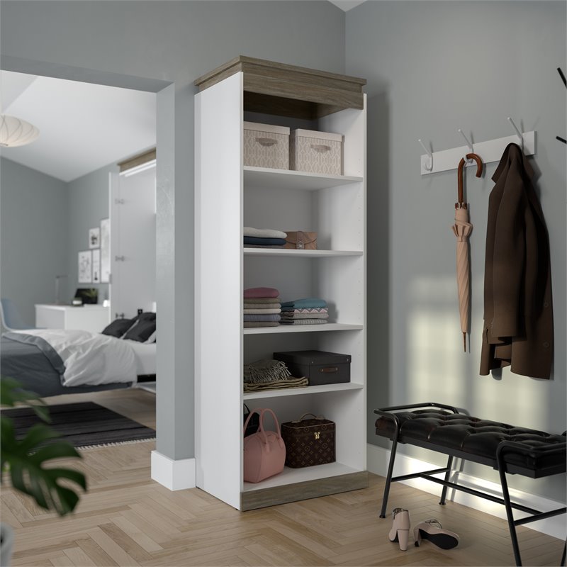 Pemberly Row Set of 3 White Queen Wall Bed & White & Walnut Gray Shelving Units