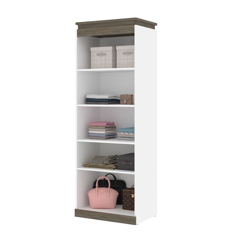 Pemberly Row Set of 3 White Queen Wall Bed & White & Walnut Gray Shelving Units
