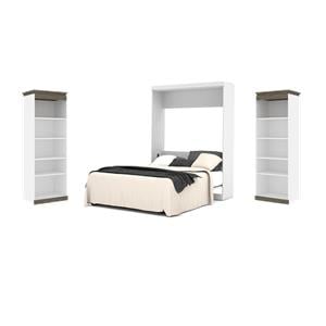 Pemberly Row Set of 3 White Queen Wall Bed & White & Walnut Gray Shelving Units
