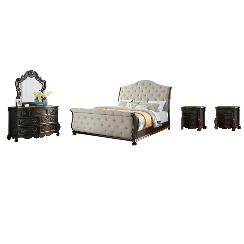Pemberly Row Set of 4 King Wood Sleigh Bed & Nightstands & Dresser with Mirror