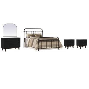 Pemberly Row Set of 5 Bedroom Set with Queen Metal Spindle Panel Bed in Black