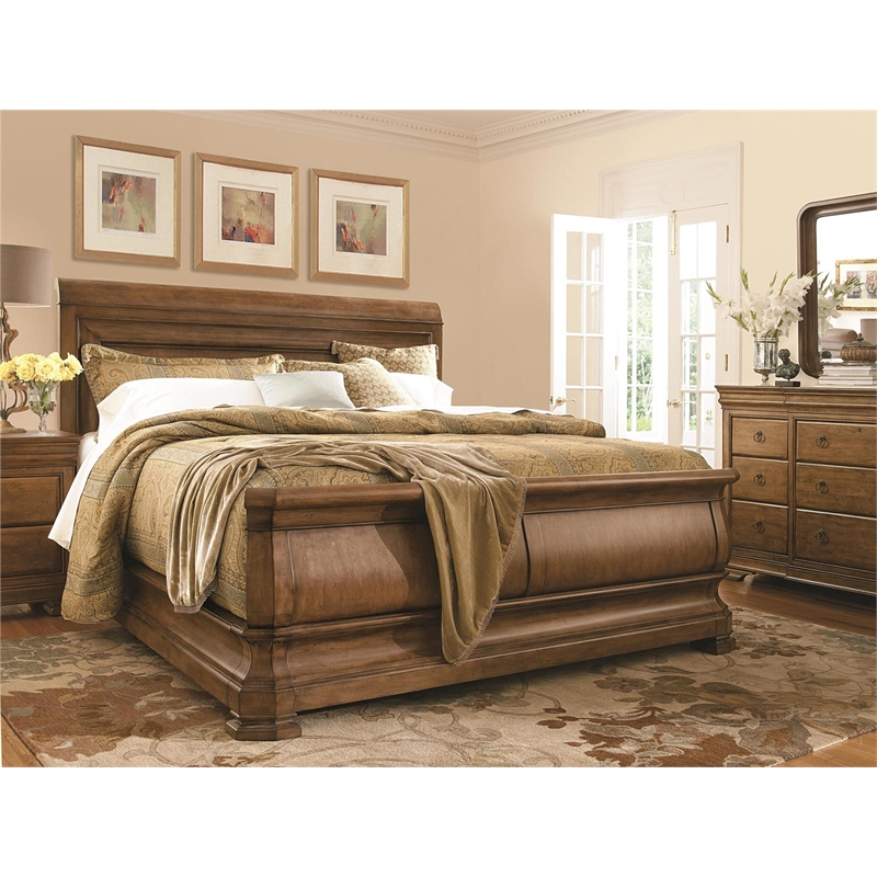 Pemberly Row Set of 5 Bedroom Set with King Wooden Sleigh Bed in Brown