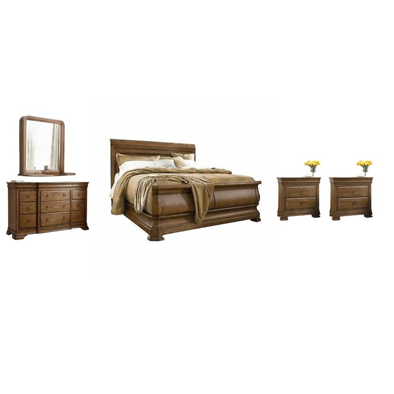 Pemberly Row Set of 5 Bedroom Set with King Wooden Sleigh Bed in Brown